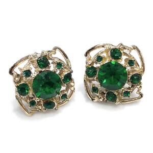 Vintage Emerald Green Rhinestone Screw-back Earrings, Gold Tone, 1950s
